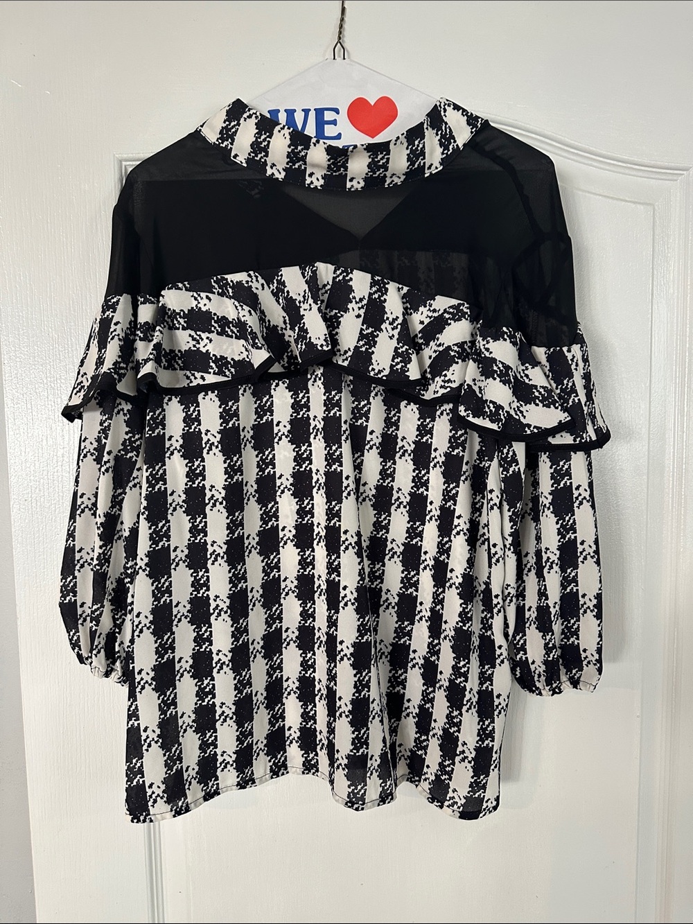 New York & Company Black and White Checked Ruffle Yoke Blouse